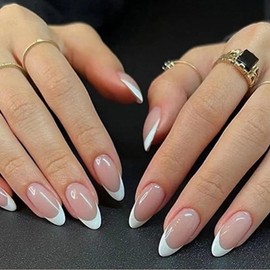 Pack of 24 False Nails, Almond Short False Nails, French Nude White Artificial Nails, Press On Nails, Shiny Acrylic Fingernails for Sticking on for Women and Girls