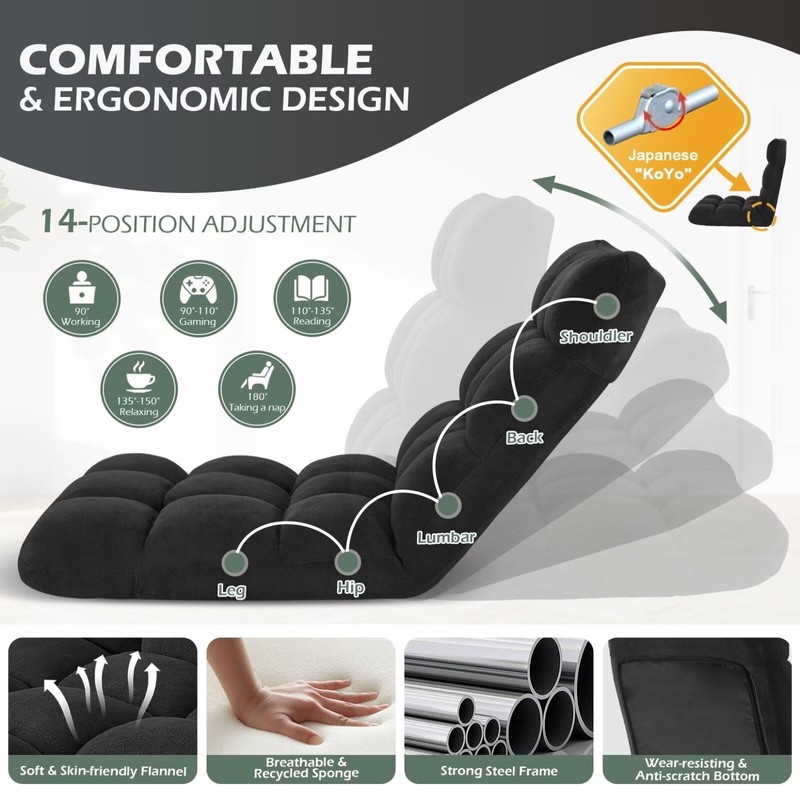 Avocahom Folding Floor Gaming Chair, 14-Position Adjustable Backrest, Skin-Friendly Flannel