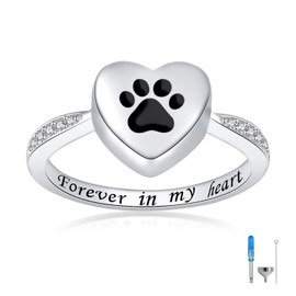 Jinlou 925 Sterling Silver Love Heart Urn Ring for pet Dog Cat's Ashes Keepsake Memorial Tiny Jewelry Forever in My Heart Paw Print Cremation Finger Rings(black 7)