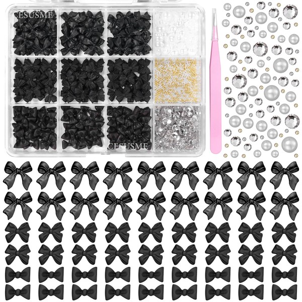 3D Black Nail Bows Charms, Half Round Flatback Nails Pearls