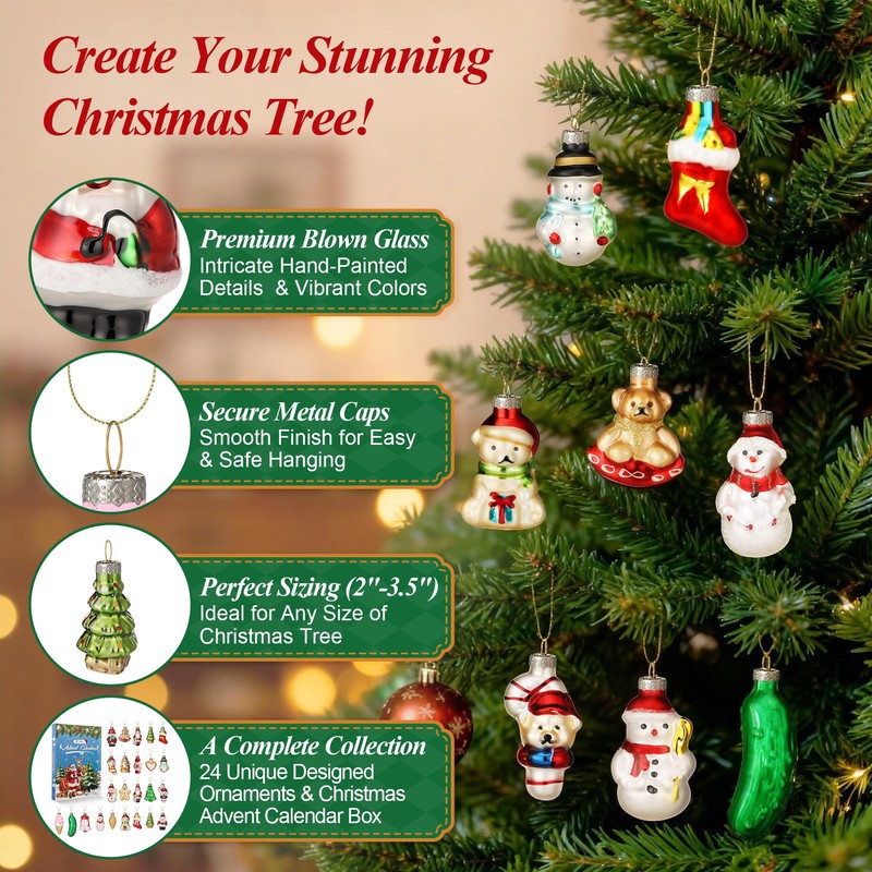 ElectricWise 24 Pcs Glass Christmas Ornaments & Advent Countdown Calendar