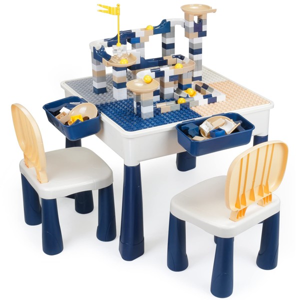 GobiDex All-in-One Kids Table and Chairs Set with 100PCS Marble Run Preschool Classroom Must Haves Multi Activity Toddler Table Kids Building Blocks Toys for Kids Ages 3+