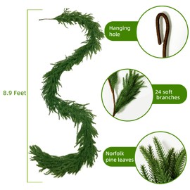8.9 Ft Norfolk Pine Garland Artificial Christmas Greenery Garland for Home Decoration Green Pine Garland Real Touch Winter Green Garland for DIY Christmas Mantle Table Staircase Wall Front Door Decor