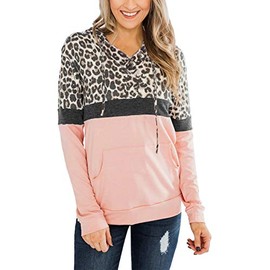 ANCAPELION Women’s Casual Hoodie Pullover Leopard Color Block Pink Hooded Sweatshirts Long Sleeve Pullover Tops with Pocket