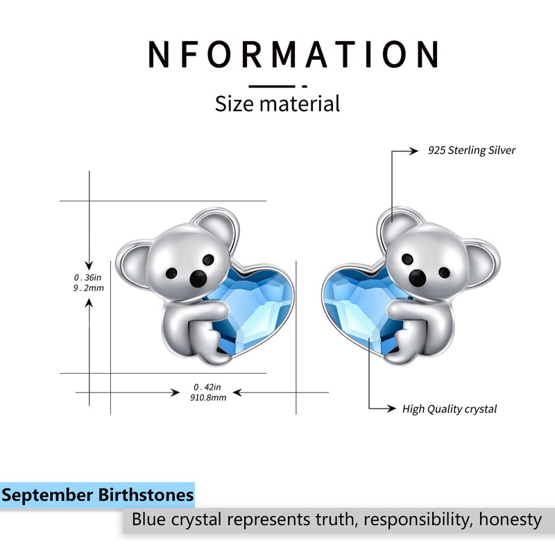 Hypoallergenic Koala Stud Earrings 925 Sterling Silver Koala Bear Cute