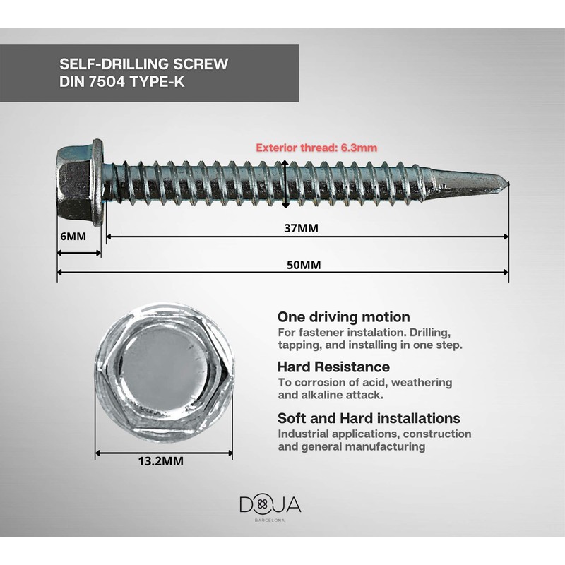 DOJA Industrial Hexagon Drilling Screws 6.3 x 50 Pack 75