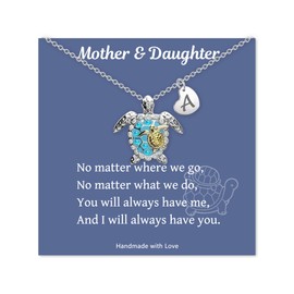 Mother and Daughter Gifts, Dainty 26 Letter Initial Turtle Necklaces for Daughter Mom, Mother and Daughter Necklace Jewelry Valentine's Day Birthday Gifts for Daughter from Mom (Letter A, Silver)