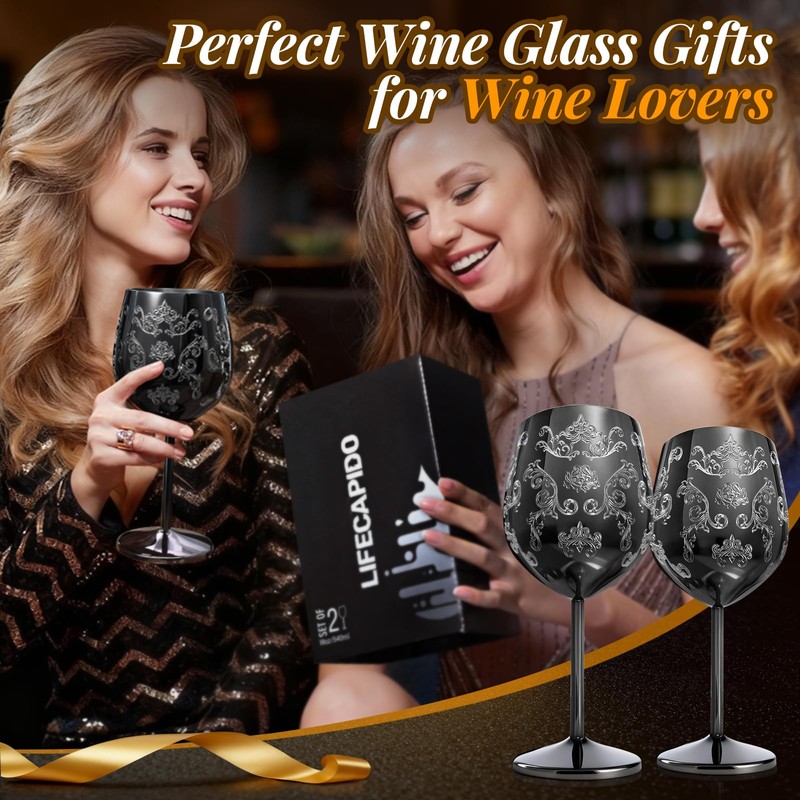 Lifecapido Stainless Steel Wine Glasses Set of 2, 18oz Etched