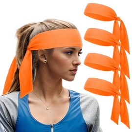 TopTie 4 Packs Tie Sweat Headbands for Men Women, Sport Headband Tie Back for Running Tennis Basketball-4 Orange