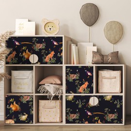 VaryFloral Black Animal Floral Wallpaper Peel and Stick Rabbit Fox Squirrel Deer Hedgehog Wallpaper for Bedroom Forest Wildflowers Animal Contact Paper, Self Adhesive, Removable, Vivid, Dark, 12"x118"