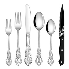 EUIRIO 48 Pieces Royal Silverware Set for 8, Gorgeous Retro Flatware Set with Steak Knives, Premium Stainless Steel Vintage Cutlery Utensils Set with Forks Spoons and Knives, Dishwasher Safe