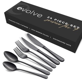 EVOLVE 18/8 Stainless Steel Silverware Set for 4 - Complete 24 Piece Flatware Cutlery Set - Elegant and Ergonomic Design -Dishwasher Safe - Stylish & Mirror Finish, Rust-Proof Utensil Sets (Black)