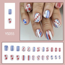 24Pcs Independence Day Press on Nails Short Square Stars Stripes Dots Design 4th of July Full Cover Artificial Stick on Nails Patriotic Acrylic False Nail Holiday Manicure Matte Glue on Nail for Women