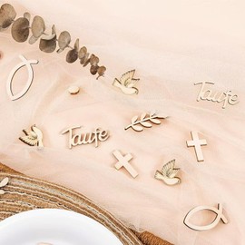 Baby Shower Decorations,100 Pcs Wooden Table Confetti Neutral Baby Shower Decorations Christening Wood Fish Crosses Confirmation Baby Shower Table Ornament Christening Communion Table Decorations