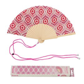 Fisura – Ventaglio in Legno Fantasia Tribale Rosa, Accessorio Estivo Moderno e Creativo, con Laccetto Incluso, Idea Regalo Originale, 42,5 x 23 cm