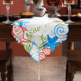 AMZALI Applique Embroidered Summer Beach Table Runner 72 inches Long, Starfish Seashell Coral Scarf Cutwork Coastal Table Runners for Home Kitchen Dinning Tabletop Decorations 15"×72"