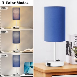 ZJOJO Table Lamp for Bedroom Set of 2, Bedside Small Lamps with 3 Way Dimmable Rocker Switch and AC Outlet, Nightstand Desk Lamp with Blue Fabric Shade White Base for Living Room Home Decor Lights