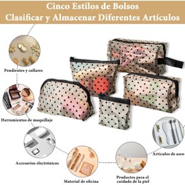 Set 5 Bolsas de Malla Transparente con Estampado Corazón, Neceser de Viaje