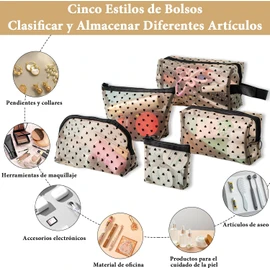 Set 5 Bolsas de Malla Transparente con Estampado Corazón, Neceser de Viaje