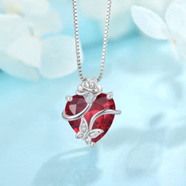 FJ Heart Butterfly Ruby Necklace 925 Sterling Silver Rose Flower Pendant July Birthstone Necklace Jewelry Gifts for Women
