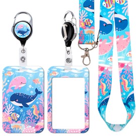 BKBKAAK Cute Ocean Themed Lanyard & ID Badge Holder, Heavy Duty Retractable Reel Clip and Name Tag Card Holder, Cute Dolphin, Whale & Sea Animal Design, Teachers Lanyard for Kids, Women, Girls