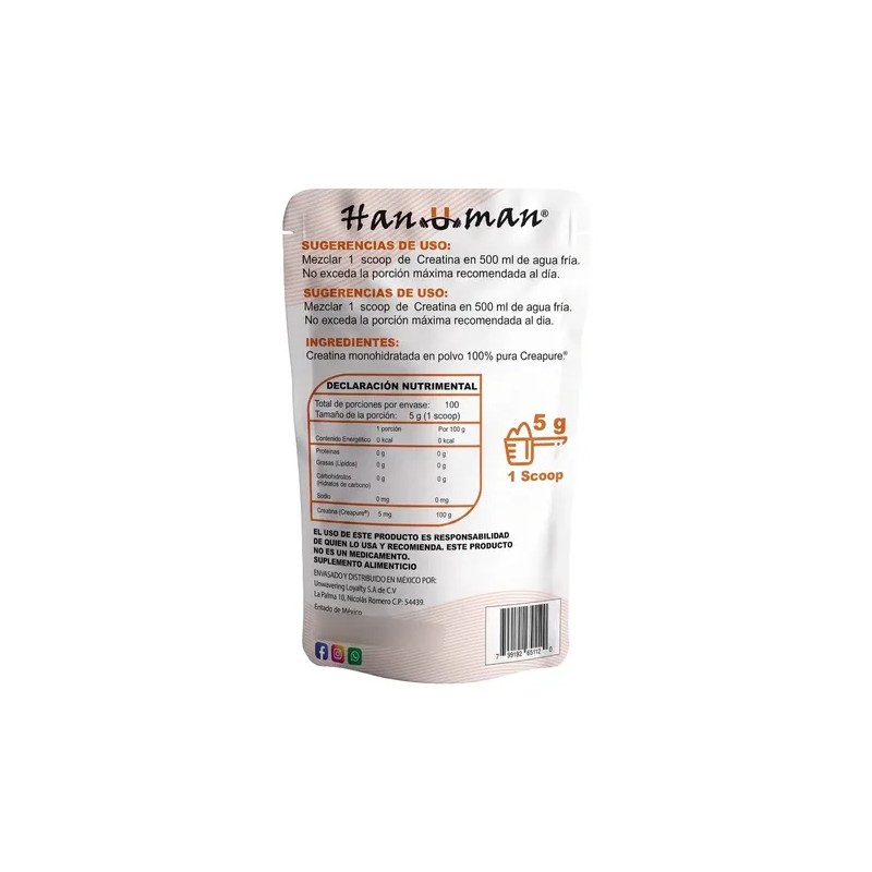 Creatina Monohidratada Hanuman Sin Sabor 500gr 100% Creapure