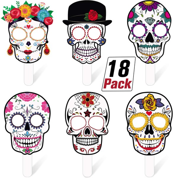 18 Pieces Day of the Dead Handheld Masks Sugar Skull Face Masks Day of the Dead Costume Accessories Halloween Party Decorations Colorful Skull Party Supplies