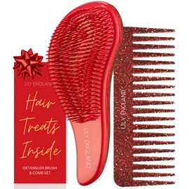 Hair Brush without Pulling and Curling Comb Set - Red Detangling Brush and Comb for Curls, Straight, Thick, Thin Hair - The Perfect Detangler Brush and Comb for Women and Children Lily England
