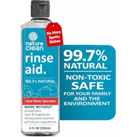 Nature Clean All Natural Dishwasher Rinse Aid Cleaner, Liquid Dishwasher Rinse Agent for Spot-Free Glass & Cutlery in Hard Water, Non Toxic Dish Washer Rinse Aid & Stain Remover, 8 oz/250ml, Pack of 1