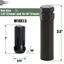 glorider 32pcs M14x1.5 Lug Nuts Spline Black, 14x1.5 Aftermarket Wheel Lug Nuts for F150 F250 F350 Silverado Sierra Ram 2500 3500 with 1 Socket Keys Long Extended