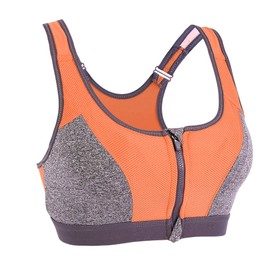 Women Yoga Fitness Zipper Stretch Workout Wireless Padded Shockproof Sports Bra (Orange L)