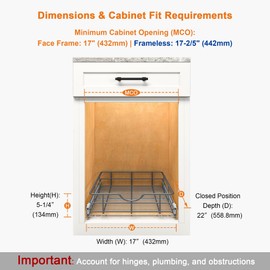 ALINE FURNITURE Pull Out Cabinet Organizer - 17" W x 22" D Soft Close Pullout Shelves for Kitchen Cabinets - Slide Out Drawers, Heavy Duty Steel Wire
