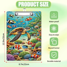 Sea Turtle Clipboard, Cute Decorative Clip Board with Metal Clip Pretty Plastic Clipboards A4 Standard Size 12.6" X 8.9" for Kids, Teacher, Students, Nurses & Office