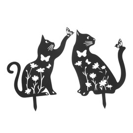 VICASKY 2pcs Metal Cat Garden Stakes Artistic Hollow Design Weather-Resistant Lawn Ornaments for Outdoor Decor Unique Cat Statues Butterfly and Flower Motif