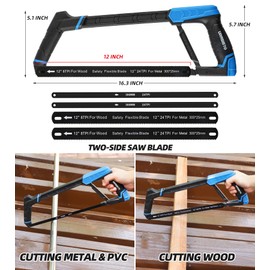 URASISTO Hacksaw Frame Set, 12“ Hacksaw Frame, 6'' Hacksaw Frame and 10'' Mini Hacksaw, Including 8pc Extra Blades Multi-function for Metal Wood PVC Pipes