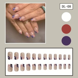 24 Pcs Independence day French Press on Nails Medium Fake Nails Glossy 4th of July American Flag Nail Tips Design coffin False Nails Patriotic Full Cover Glue on Nails for Women Girls Manicure Decor