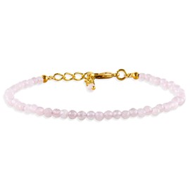 Natural Rose Quartz Gemstone Micro Beads Dainty Bracelet Jewelry for Women, Birthstone Energy Healing Crystals, 14k Gold Plated Chain 8 inch