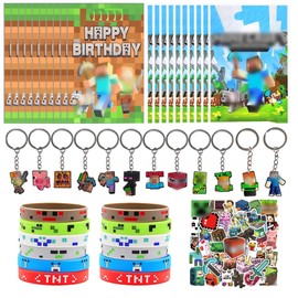 KEVRDRT Miner Video Game Party Bags, 94 Pieces Pixel Party Bags Children, Miner Children's Birthday Party Favours with Sticker, Key Ring, Bracelet, Gift Bags, Gamer Theme Party Accessories
