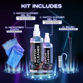 ULTRAVUE Watch Cleaning Kit - Cleans All Watches and Jewelry Including Metals, Crystals and Rubber - 1 x 2oz and 1 x 8oz Watch Cleaner Gel Spray, 3 x Microfiber Cloth, 2 x Horsehair Brush