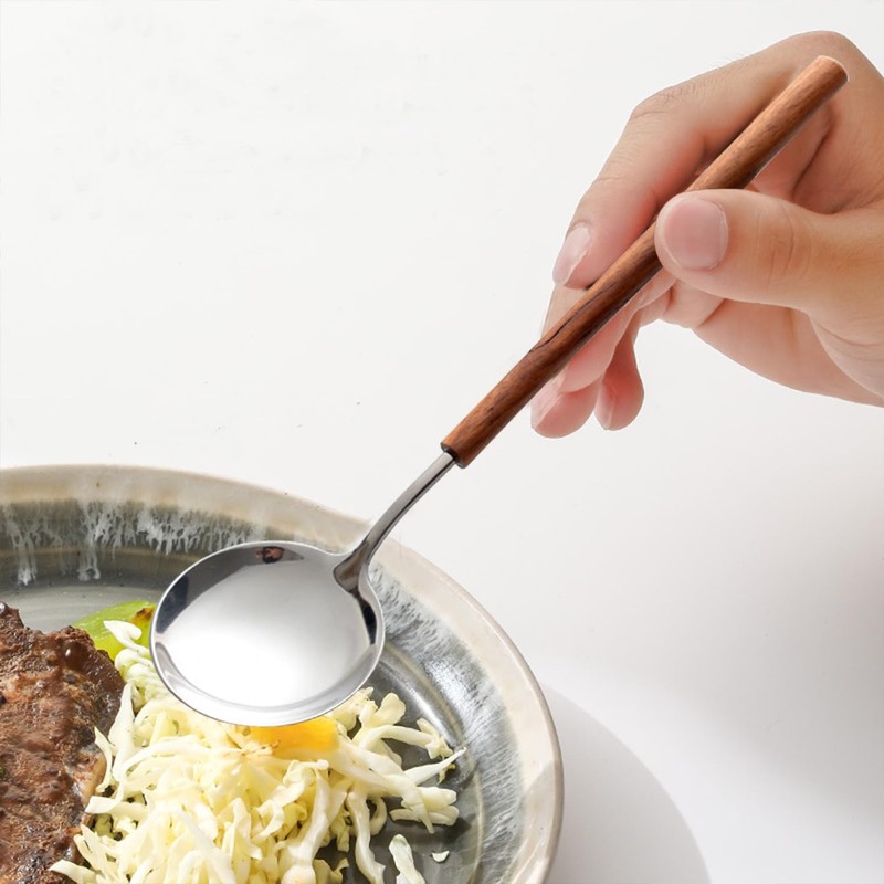 Ouliget Retro Wooden Handle Spoon,Stainless Steel Serving Tablespoons,Wooden DinnerSpoon,Silver Silverware