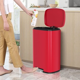 Lynkloft Stainless Steel Trash Can 50 L/13 Gallon Garbage Can for Kitchen Hands Free Step On Tash Bins, Removable Inner Bucket and Soft Close Lid, Red