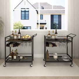 LAATOOREE Bar Cart, Two-Color Home Bar Serving Cart, Mobile Drink Beverage Cart with 2 Storage Shelves, Rolling Kitchen Cart with Wine and Glass Holder, for Dinning Room, Living Room, Kitchen