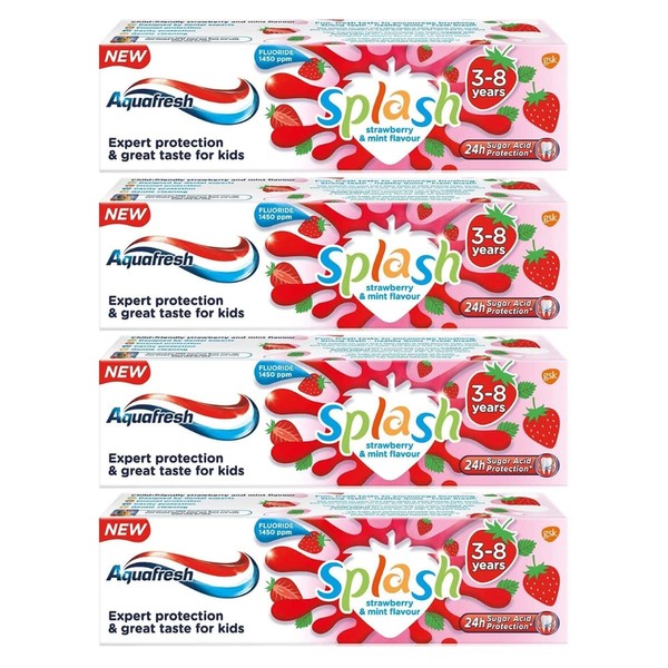 4 x Aquafresh Splash Toothpaste 3-8 Years Strawberry & Mint Flavour 50ml Bundled with 7 Toothbrushing Tunes for Kids