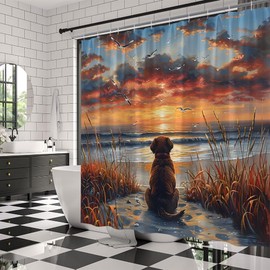UOZXOML Funny Dog Beach Shower Curtain Cute Animal Ocean Beach Sunset Sunrise Wild Weeds Seagull Sea Scenery Seaside Lovely Pets Watercolor Fabric Bathroom Decor Curtains with Hooks,70 x 70