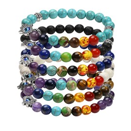 MILAKOO Lapis Lazuli/Tiger's Eye Hamsa Hand Bracelet with 7 Chakra Lava Stone Beads 8 mm, Stone