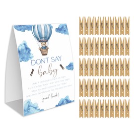 Don't Say Baby Game for Baby Shower, 50 Wooden Clothespins and one Sign, Blue Airballoon Bear Theme,Boy Baby Shower Decorations, Gender Reveal Games, Baby Shower Supplies-BB37