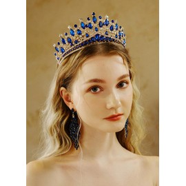 BERYUAN Blue Crystal Rhinestone Wedding Headband Royal Queen Crystal Headpiece Vintage Baroque Queen Teardrop Rhinestone Headband Glod Royal Blue Rhinestone Hairpiece for Birthday Party Favors