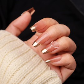 Pottoll Handmade Press on Nails French Tip Gold and White, 10PCS Reusable Medium Coffin Fake Nails, Salon Quality Ballerina False Nails