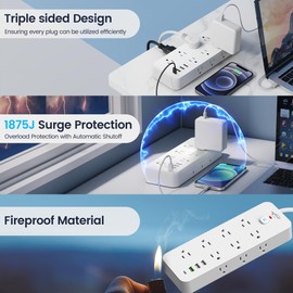2 Pack JouleLoom Surge Protector Power Strip with USB Ports, 14 AC Outlets with 4 USB Ports (1 USB C), 10 Feet Extension Cord with Multiple outlets, 1875W/15A, One Touch Switch Button, Wall Mountable