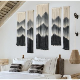 Large Macrame Wall Hanging 5Pcs Handmade Dip-Dyed Mountain Wall Decor Combination Suspension Bedroom Living Room Modern Fiber Yarn Wall Art